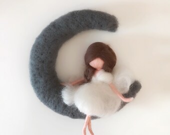 Moon Mobile-needle felted wool Fairy Filzfee Waldorf