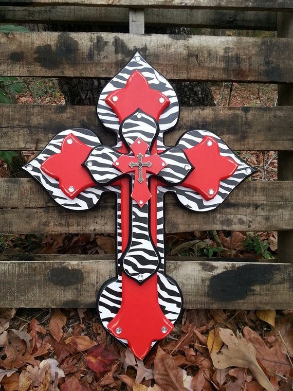 Download Items similar to Zebra Print & Red, Layered Wall Cross ...