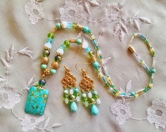 Turquoise opal necklace earring set, Antique gold turquoise opal, green statement necklace chandelier earrings set