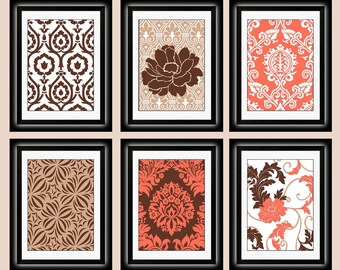 Set of Six Modern Beige/Orange Wall Art - Print Set - Home Decor- 8x11 (Unframed)