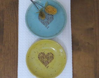 Wee Plate Set of 2 - Handmade Stoneware Ceramic Pottery - Blue Celadon and Sun Yellow - Heart