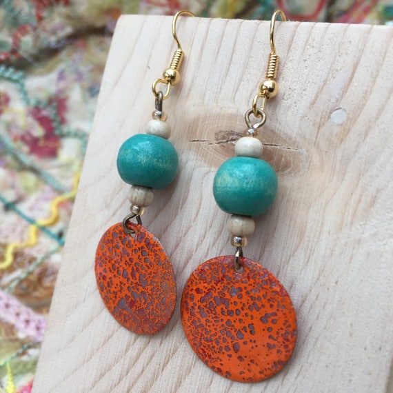 Items similar to Orange Enamel Earrings, Enamel Earrings, Artisan