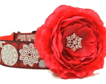 Dog Collar Flower Add-on Red Christmas Flower with Snowflake Center Collar Not Included