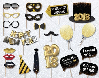 2018 New Years Photo Booth Props Printable, New Years Eve Photo Booth Props, Printable Photo Booth Props, Black and Gold Photo Props