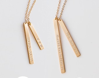 Custom Bar Necklace, Personalized Gift, Simple Vertical Bar Necklace, Roman Numeral Necklace, Wedding Gift, Gold, Silver, Rose Gold ZN00140