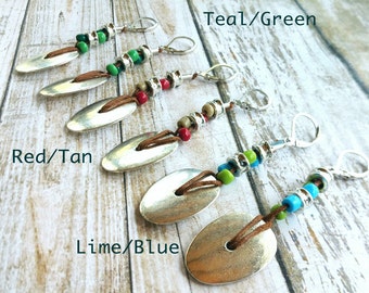Western Leather and Silver Earrings / Boho Earrings / Southwestern Earrings / Leather Earrings / Bead Earrings