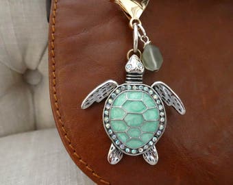Sea Turtle Purse Charm, Turtle Zipper Pull, Sea Glass Handbag Charm, Turtle Zipper Charm, Handbag Jewelry, Turtle Gift, Car Mirror Charm