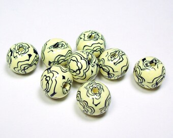 NOW ON SALE Pale Yellow with Black Scribble Handmade Polymer Clay Beads