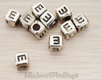 PDT1135-E-AS // Glossy Antique Silver Plated Initial Cube Metal Bead, 4 Pc