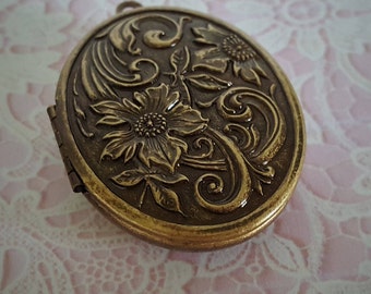 Ready to Fill (Empty) Solid Perfume Locket, Antique Brass Finish, 44mm x 33mm, with Refillable Pan -- "Floral" #1583