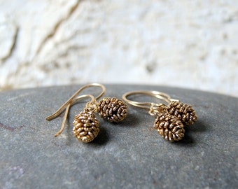 Antiqued Gold Pine Cone Earrings - Pinecone Charms