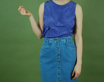Vintage denim skirt / 90s narrow jean skirt / Petite button up denim skirt / Blue jean elastic waist skirt