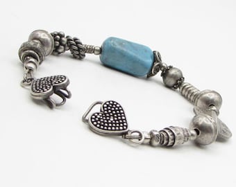 925 sterling silver - vintage pebbled turquoise beaded bracelet - b1203