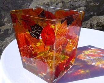 Rich Autumn Reds, Oranges and Gold - Vibrant colours on this wonderful hand painted glass vase, plant holder, candle holder,-