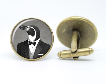 Penguin in a Tuxedo Cufflinks Dapper Animal Vintage Inspired Handmade Men's Bronze or Silver Plated Cufflinks 16mm or 20mm Gifts For Him