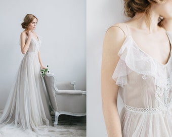 A-line floaty wedding dress ROMI with long train by RARA AVIS • Boho wedding dress •