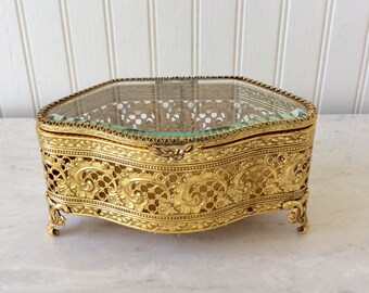 Vintage Ormolu Jewelry Box, Footed Jewelry Box, Jewelry Casket, Filigree, Ornate Keepsake Box, Ring Box, Hollywood Regency, Vanity