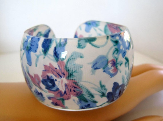 Blue Floral Bangle, Wide Plastic Cuff Bracelet, Lovely Flowered Bracelet