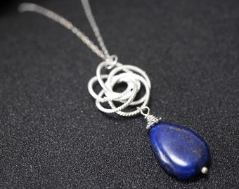 Lapis Lazuli Necklace, Silver Lapis Necklace, Rose Flower Necklace,, Lapis Lazuli Jewelry - Gift For Her - Gift For Mom - Healing Stone