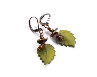 Handmade Green Leaf Enameled Earrings, Enameled Earrings, Boho Earrings, Green Earrings, Brass Earrings,Artisan Earrings,Leaf Earrings,AE188