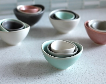 Mini Nesting Bowls - Sea foam, gray, white - set of 3 - Pottery Bowls - Stacking prep bowls