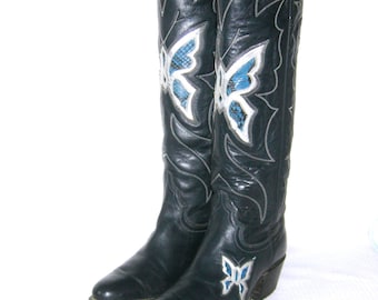 Vintage 1970s Justin Cowboy Boots Butterfly Inlay Snakeskin Blue Leather Tall Knee high Western Rodeo Rockabilly Cowgirl Size 5-6 C Made USA
