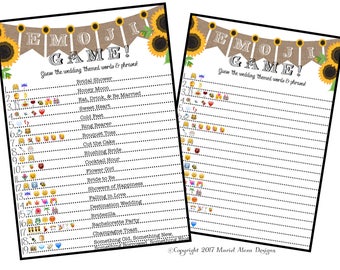 Bridal Shower Emoji Game - Fun Unique Games DIY PDF Wedding Personalized Sunflower Wood Burlap Rustic Theme Emoticon Pictionary
