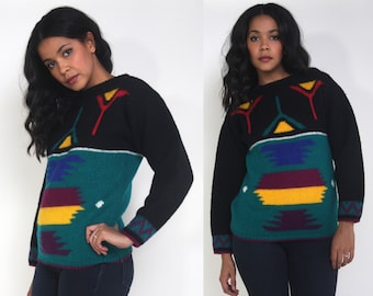 Vintage 80s Wool Intarsia Color Block Geometric Faces in Places Sweater