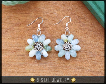 Natural Aquamarine Radiant Star Earrings w/ 925 Sterling Silver Hooks - Baha'i 9 Pointed Star Wire-wrapped Dangle Earrings - BRSE35