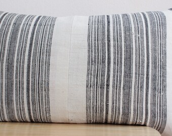 VINTAGE Hmong Pillow Hand Woven HEMP Organic HMONG Ethnic A Piece Of Tribal Textile Striped Black & White Cream