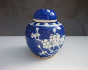 Vintage Chinese Cobalt Blue & White Prunus Blossom Themed Covered Ceramic Jar