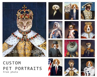 Custom Pet portrait, Personalized Dog portrait, Cat portrait from photo, Custom Gift Royal King Queen funny pets clothes DIGITAL FILE