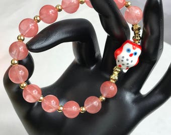 Owl Orange And Gold Beaded Stretch Bracelet New Gift