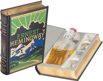 Mini-Bar Hollow Book with Flask & Shot Glasses - Ernest Hemingway (Leather-bound) (Magnetic Closure) (Custom-Etched)