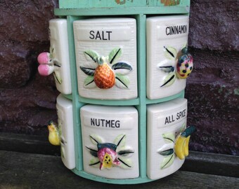Turquoise Rounded Spice Rack and 6 Shaker Jars , Fruit Pull Handles - Japan 40's Stamps