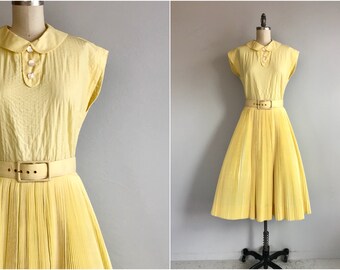 Vintage 50s Dress / 1950s Pat Premo Yellow Cotton Sunburst Pleat Circle Skirt Dress with Peter Pan Collar and Belt