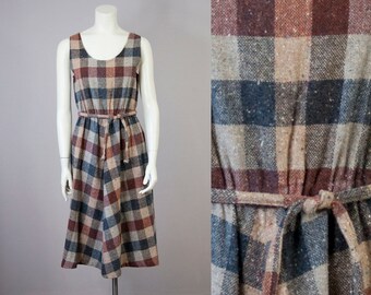 70s Vintage Sleeveless Plaid Belted Midi Dress (M)