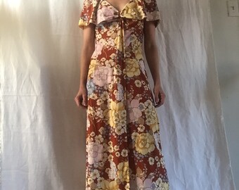 Vintage 1970s brown floral midi dress