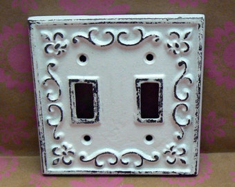 Fleur de lis Cast Iron FDL Light Switch Plate Cover Double Wall Shabby Elegance Distresse d Rustic French Decor White White