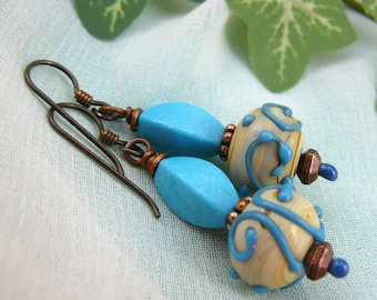Turquoise Blue Earrings ~ Turquoise and Coppper Earrings ~ Turquoise Glass Earrings ~ Glass Bead Earrings ~ Lampwork Glass Earrings