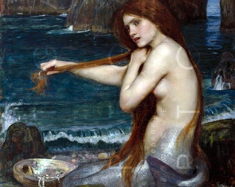 A Striking MERMAID Combs Her Red Hair. Vintage Mermaid Print. Pre Raphaelite Mermaid Art. Digital Mermaid Download.