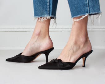 vintage pointy mules | black satin pointed toe heels, US 6.5 | EUR 37