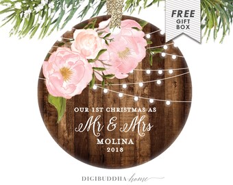 Rustic First Christmas as Mr & Mrs Ornament Our First Christmas Married Ornament Newlywed Christmas Ornament Wedding Ornament Wood Floral