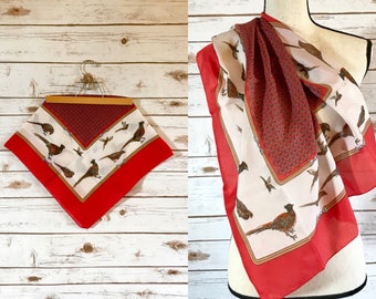 Vintage Italian Scarf, Vintage Italian Pheasant Scarf, Vintage Norma Dori Italian Polyester Pheasant Scarf