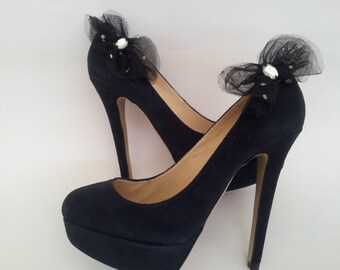 Midnight Black Tuille Bow Shoe Clips with Bling FREE SHIPPING
