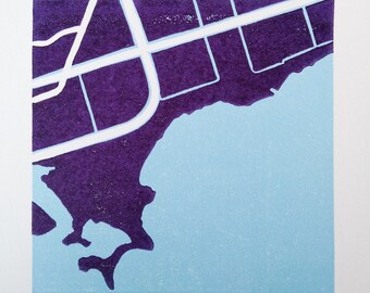 Original reduction linocut block print - Toronto Neighbourhood Series: "The Beach" - limited edition block print (6 x 6" - unframed)