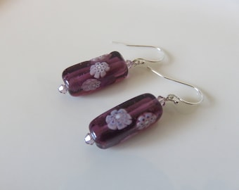 Venetian Murano Earrings -- Millefiori Tube Glass Earrings -- Sterling Silver