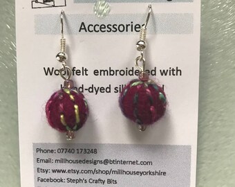 Embroidered wool felt bead earrings