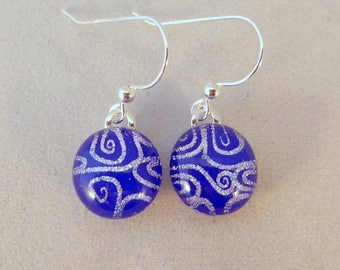 Small Blue & Silver Dichroic Fused Glass Dangle Earrings, Blue, Fused Glass, Fused Glass Earrings, Dichroic, Dangle Earrings, Silver
