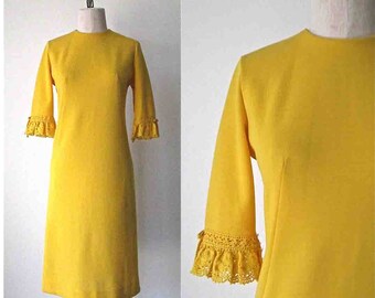 Vintage 1960's Jonathan Logan mod shift dress GOLDEN YELLOW crochet sleeve - S/M